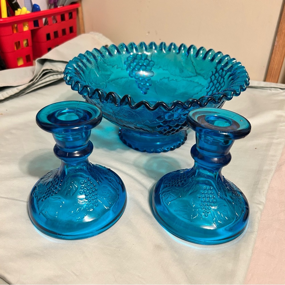 Candle Holders Set of 2- Blue Indiana Glass style-Beautiful set!!